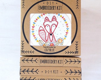 CRAFTY FOX embroidery kit - diy gift kit, cute sly fox face, embroidery pattern, DIY gift for crafters, fox hand embroidery kit
