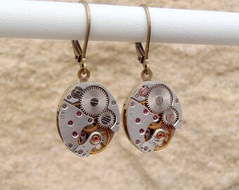 Vintage Watch Movement Oval Earrings