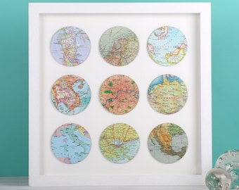 Nine personalised vintage map circle - map gift - anniversary gift - wedding gift - world map - gift for husband wife - travel gift