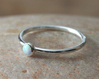 White Opal Stacking Ring 4mm, Sterling Silver Ring, Size 2 to 15, October Birthstone, Simulated Opal, Womens Ring, Bridesmaid Gift for Her