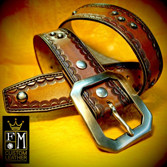Brown Leather Belt Custom Made Hand Tooled bullet holes distressed vintage look handmade for YOU in New York City by Freddie Matara