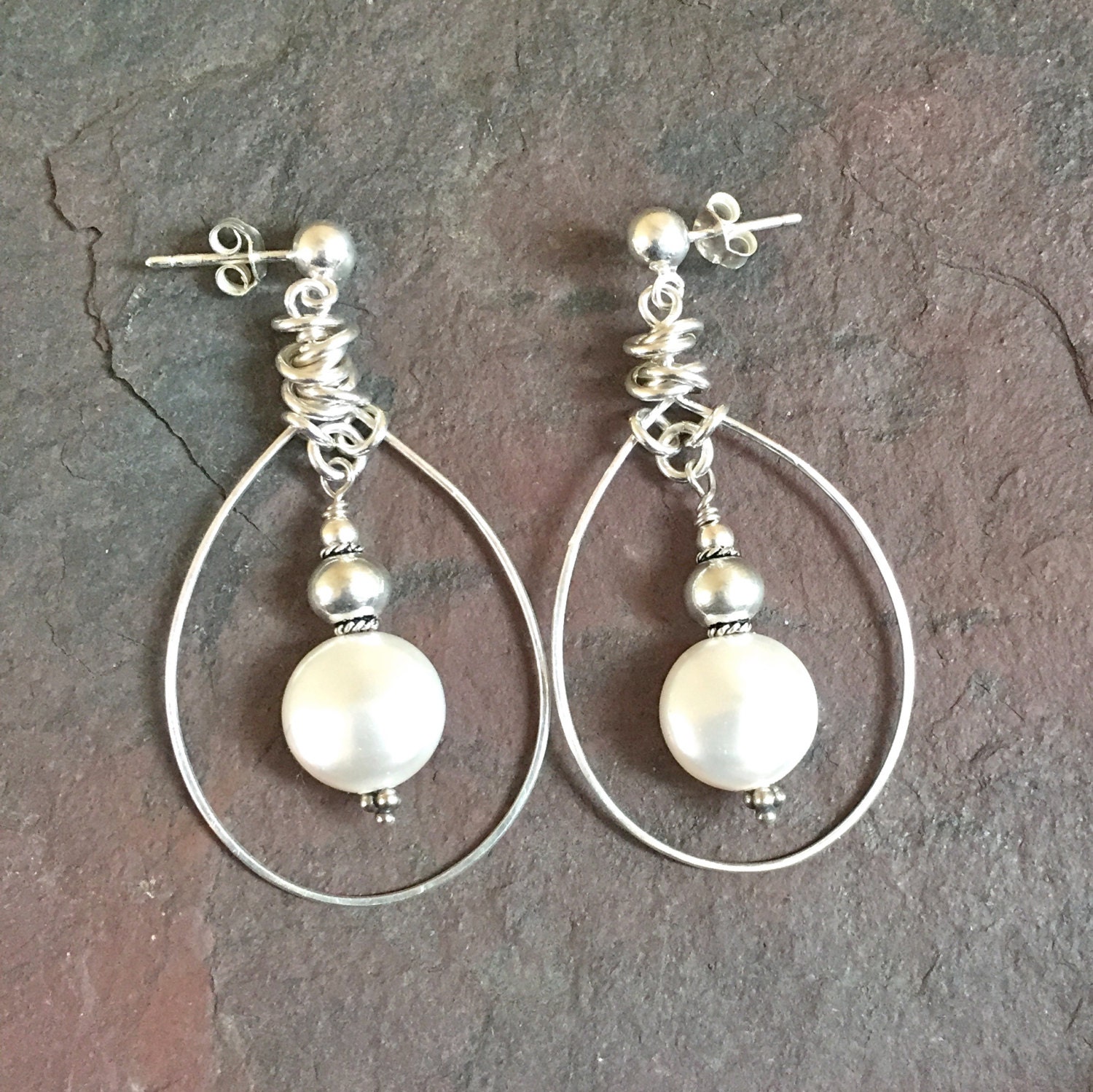 Sterling Silver Oval Hoop Earrings White Pearl by OmiSilver