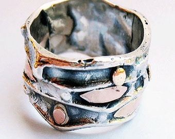 Silver and Gold Wide Band, Silver and Gold Ring, 14kt Gold Ring, Wedding Band, Israeli Ring, Israeli Jewelry