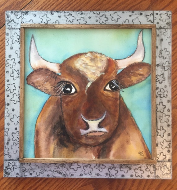 Horned Cow Folk Art Painting