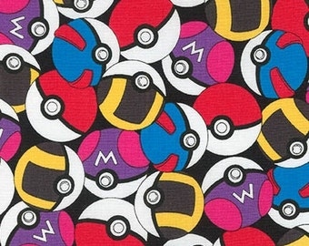 Pokemon fabric, Pikachu fabric, Pokemon gift, Kids fabric, Pokemon Go fabric, Cotton fabric by the yard, Pokeballs in Black, Choose your cut