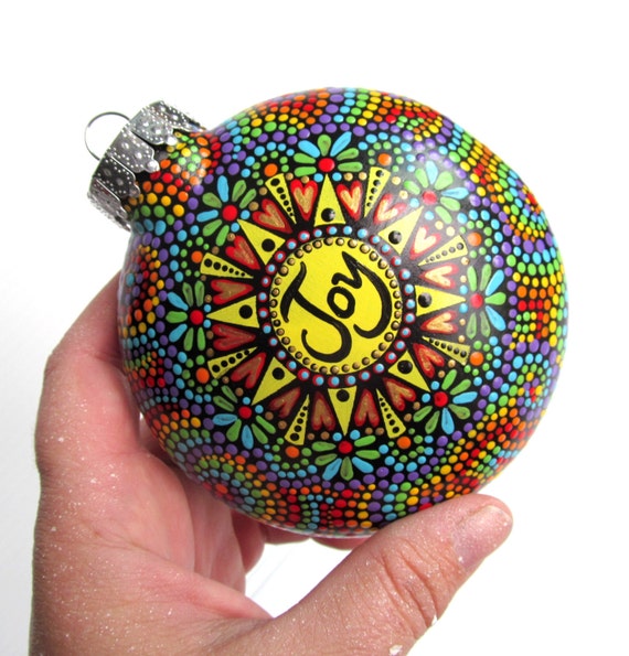 Joy hand painted shatterproof plastic ornament Rainbow colors dotted Ornament