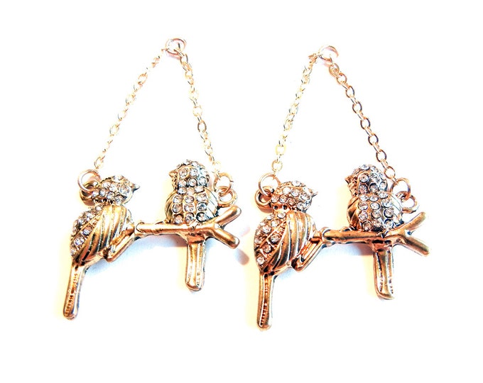 Pair of Gold-tone Birds on a Branch Drop Charms Rhinestone