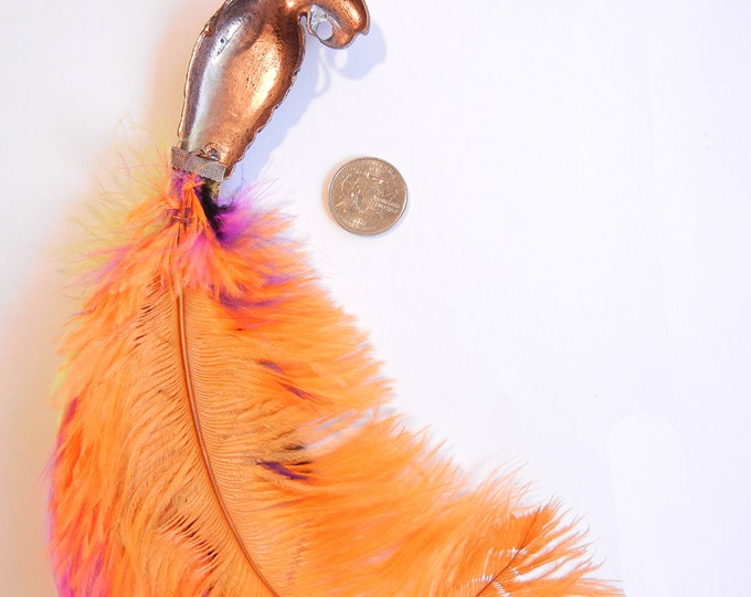Huge Copper-tone Parrot Pendant with Colorful Feathers