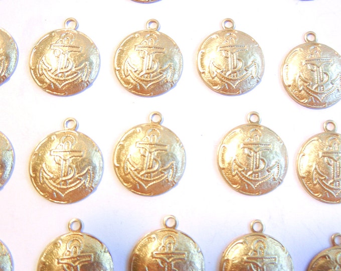 24 or 12 Pairs of Round Brass Charms with Anchors and Rope Embossing