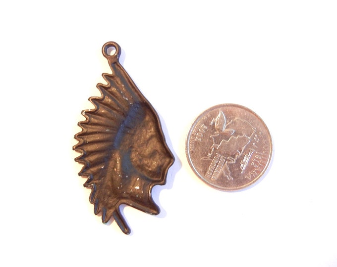 Antique Burnished Gold-tone Painted Indian Chief Head Pendant