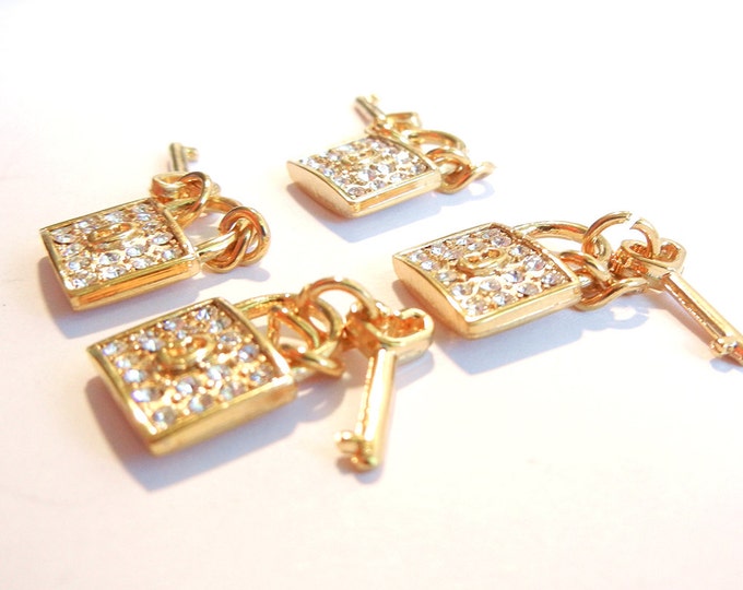 4 or 2 Pairs of Small Dimensional Rhinestone Gold-tone Locks with Key Charms