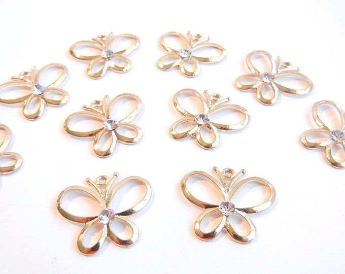 10 or 5 Pairs of Gold-tone Outline Butterfly Charms with Center Rhinestone