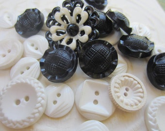 Vintage Buttons - Cottage chic mix of black and white lot of 27 old and sweet(sept 4b)