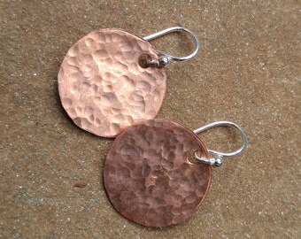 Hammered Copper Disc Earrings on Sterling Wires