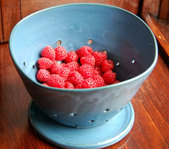 Berry Bowl and Saucer in Teal Blue Draining Fruit Bowl with