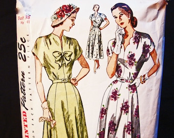 1940s Dress Pattern Bust 38 Simplicity Day or Evening, Cap Sleeve, Scalloped Neckine, Womens Vintage Pattern Sewing 40s