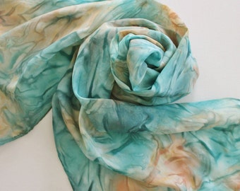 Hand Painted Silk Scarf - Handpainted Scarves Aqua Teal Turquoise Blue Jade Green Peach Orange