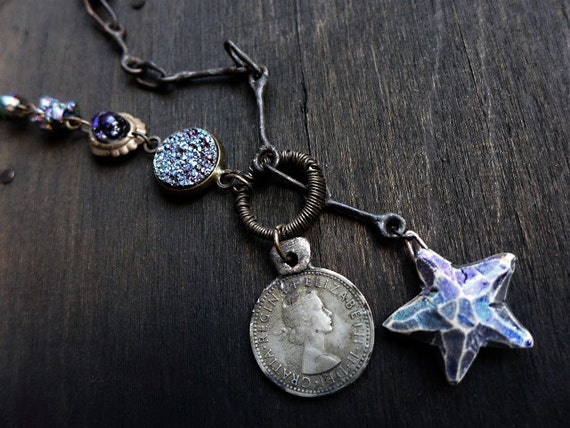 Sister Moon. Mixed media lariat necklace with antique coin and pyrite crystal beads. 