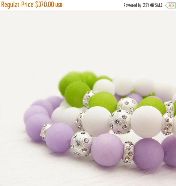 Pastel Jade Bead Bracelet Set / Violet Purple, Lime Green, White ...