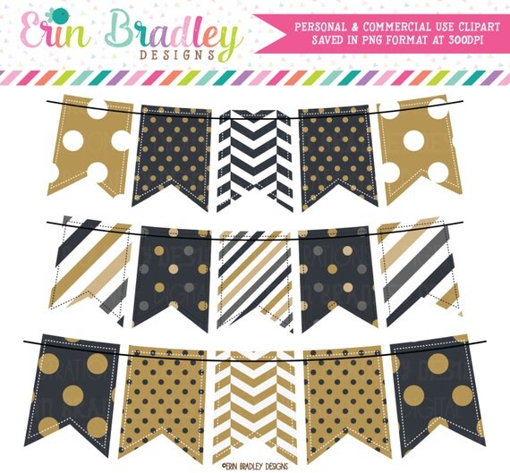 New Years Black & Gold Bunting Clipart Holiday Clip Art Graphics Banner Flags Il_570xn