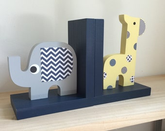 Navy Blue Safari Bookends, Children's Bookends, Elephant and Giraffe Bookends, Navy Blue, Safari Kids Decor, Safari Nursery, Elephant Decor