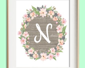 Letter N Printable, Instant Download, Baby Girl Nursery Wall Art, Girl Nursery Decor, Floral Monogram, Pink Mint Gray Letter Art, Baby Gift