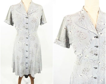 1940s novelty dress | gray floral novelty print cocktail dress | vintage 40s dress | AS IS W 31"