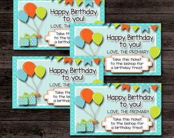 LDS Primary Birthday Tags- (10) 2x3.5 Cards- Instant download