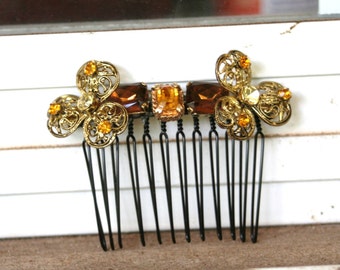 Vintage Upcycled Brown Amber Pale Yellow Rhinestone Gold Filigree Flower Hair Accessory Hair Comb Bridal Wedding