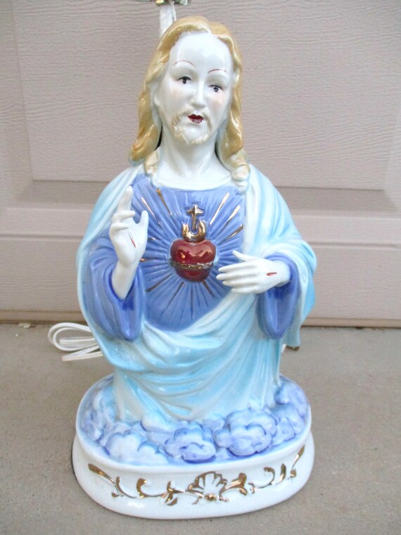 Vintage Sacred Heart Jesus Ceramic Bust Statue Lamp Figure