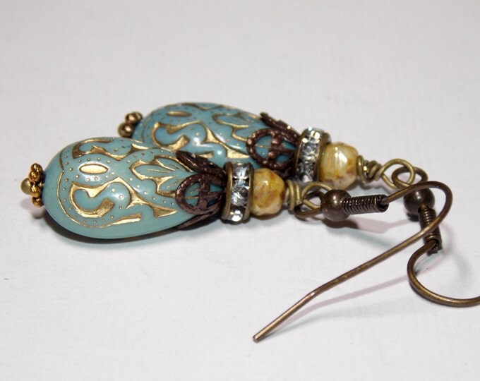 Teardrop Earrings Blue Gold Earrings Brass Rhinestones Vintage Earrings Etched Lucite Drop Earrings Czech Beads Taupe Aqua