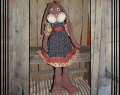 Tall Primitive brown wool country style rabbit rag doll HAFAIR OFG faap