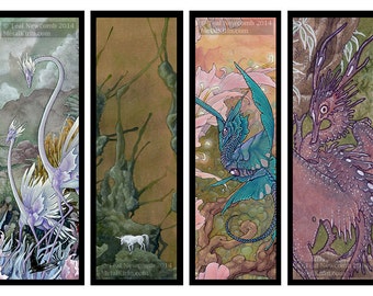 Set of 4 bookmarks - fantasy scifi unicorn alien dragon watercolor art
