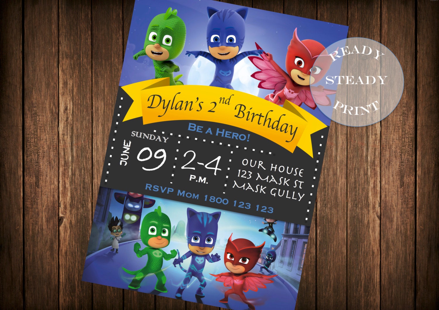 PJ Masks Birthday Party Invitation PDF and by ReadySteadyPrint