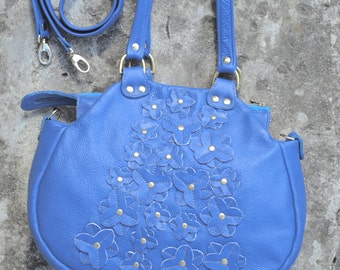 blue leather handbag floral Bag, leather blossom bag, snorkle blue leather bag, boho leather bag, leather bag, spring leather bag