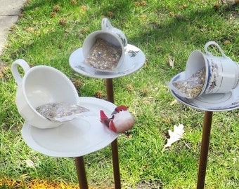 Tea Cup Bird Feeder, Bird Bath, Upcycled, Garden Art, Yard Art, Garden Decoration, Hanging bird feeder, pole bird feeder, with starter seed