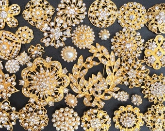 32 pcs Gold Brooch Bouquet DIY Kit wholesale assorted lot set crystal rhinestone Bridal Wedding brooch button Decoration BR673