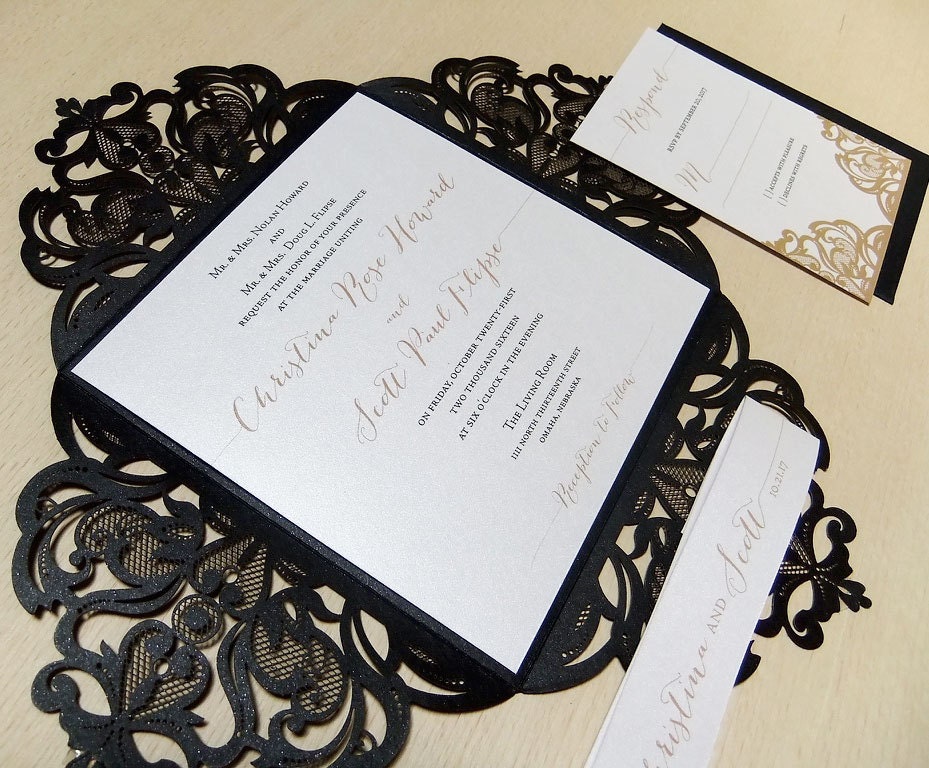 Laser Cut Wedding Invitation Black and White Wedding Gold