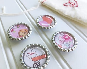 girl theme / magnets set of 4 / bunny / wagon / balloon / flower