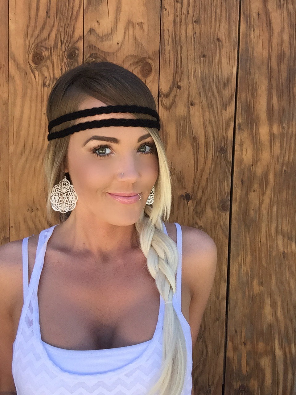 Black double gypsy braid bohemian hippie headband woman