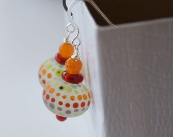Colorful Polka Dot Earrings, Lampwork Glass Earrings, Glass Bead Earrings, Etched Glass Earrings, Rainbow Earrings, Whimsical Earrings