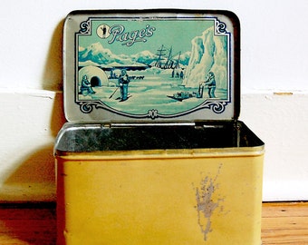 Vintage Tin Box Yellow and Green Eskimo North Pole Antarctica Theme Pages