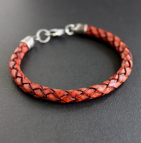 Mens Red Leather Braided Bracelet Sterling by LynnToddDesigns