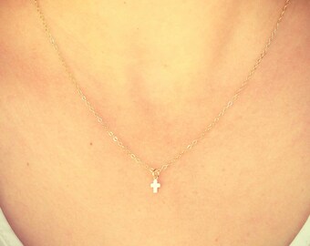 SALE - Tiny Cross Necklace in Gold - Little Dainty Cross Charm on Gold Filled Fine Cable Chain - Faith Necklace - layering long - the lovely