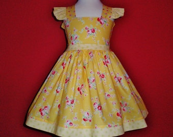 Girls Yellow Floral Dress, Yellow and Pink Floral Dress, Flutter Sleeve Dress, Church Dress, Pictures Dress, Baby Girl Yellow Dress, Custom