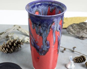Red Travel Mug with Lid, Valentine's Gift, To Go coffee cup 16 oz, Silicone Lid, Happy Red handmade pottery Kitchen gifts for him her