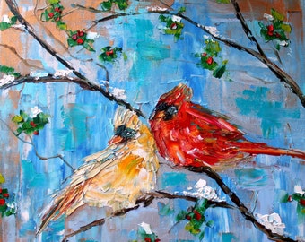 Fine art print Winter Cardinal Birds - made from image of past oil painting by Karen Tarlton - impressionistic palette knife modern art