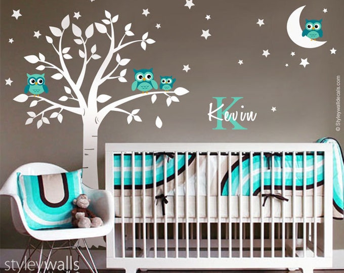 Owls Tree Wall Decal, Owls Wall Decal Moon and Stars, Owls Personalized Initial Name Wall Decal, Tree Decal, Moon Stars Owls Wall Sticker