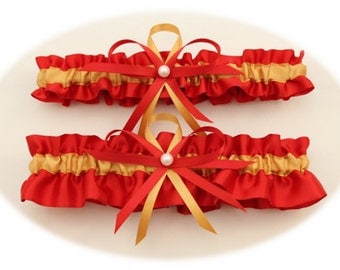 Red and Antique Gold Satin Wedding Garter Set, Bridal Garter Set