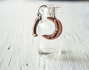 Crescent Moon Leather Earrings - Niobium wires - Simple Rustic Moon Phases southwestern jewelry - Handmade - Custom Made to Order